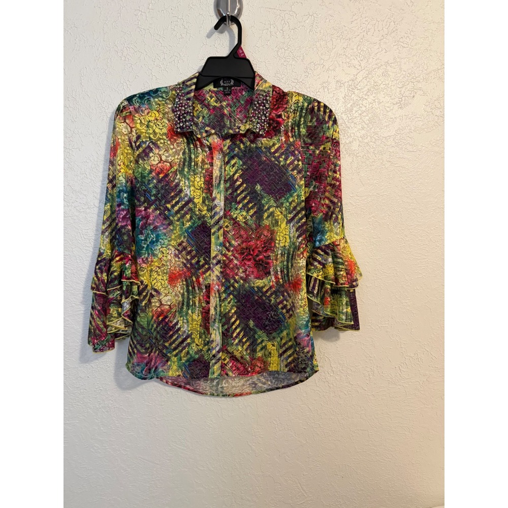 AZI New York Womens Small Multicolor Mesh Lace Studded Ruffle Sleeve Blouse Top